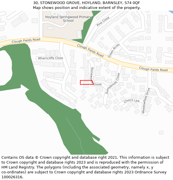 30, STONEWOOD GROVE, HOYLAND, BARNSLEY, S74 0QF: Location map and indicative extent of plot