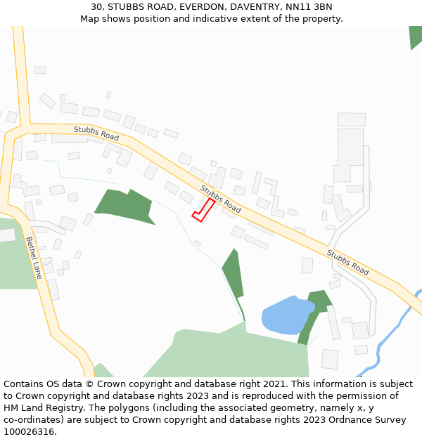 30, STUBBS ROAD, EVERDON, DAVENTRY, NN11 3BN: Location map and indicative extent of plot