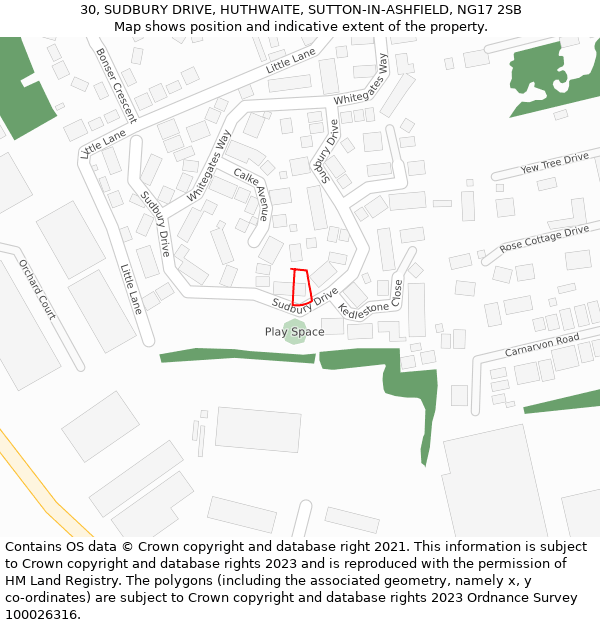 30, SUDBURY DRIVE, HUTHWAITE, SUTTON-IN-ASHFIELD, NG17 2SB: Location map and indicative extent of plot