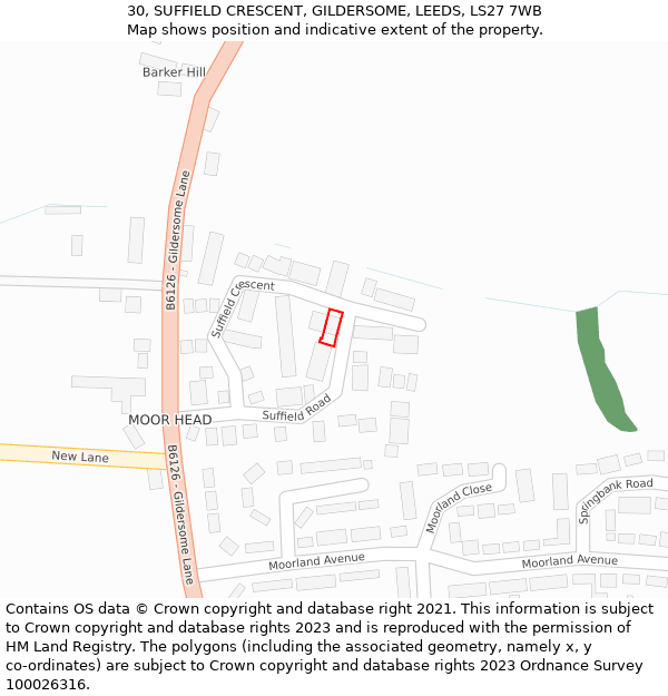 30, SUFFIELD CRESCENT, GILDERSOME, LEEDS, LS27 7WB: Location map and indicative extent of plot