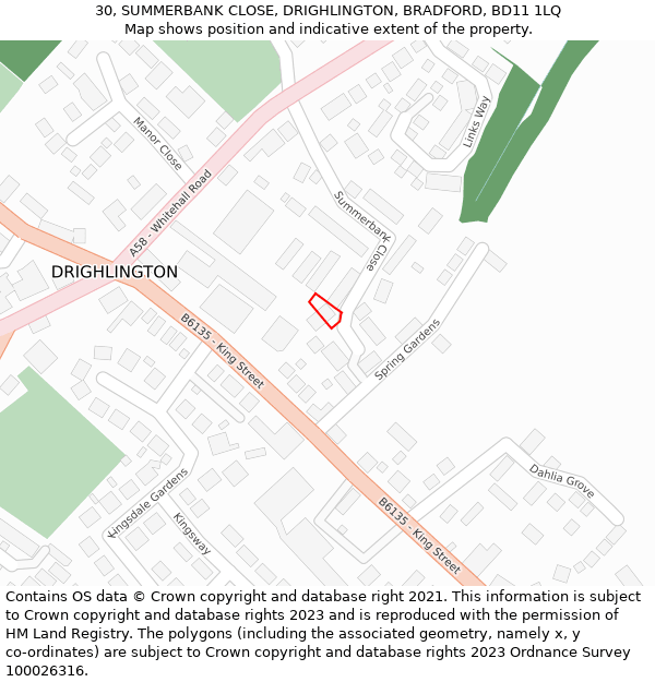 30, SUMMERBANK CLOSE, DRIGHLINGTON, BRADFORD, BD11 1LQ: Location map and indicative extent of plot