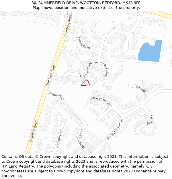 30, SUMMERFIELD DRIVE, WOOTTON, BEDFORD, MK43 9FE: Location map and indicative extent of plot