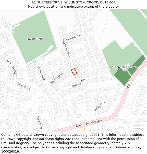 30, SURTEES DRIVE, WILLINGTON, CROOK, DL15 0GR: Location map and indicative extent of plot