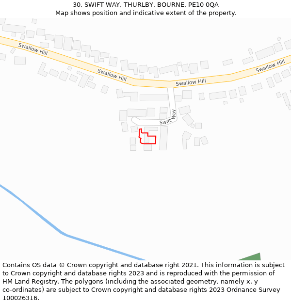 30, SWIFT WAY, THURLBY, BOURNE, PE10 0QA: Location map and indicative extent of plot