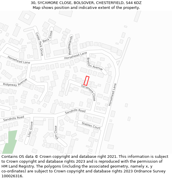 30, SYCAMORE CLOSE, BOLSOVER, CHESTERFIELD, S44 6DZ: Location map and indicative extent of plot