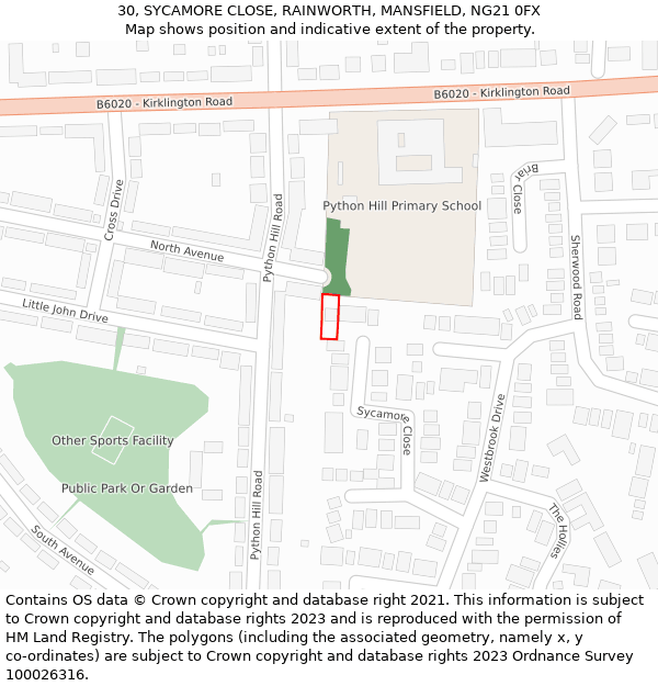 30, SYCAMORE CLOSE, RAINWORTH, MANSFIELD, NG21 0FX: Location map and indicative extent of plot