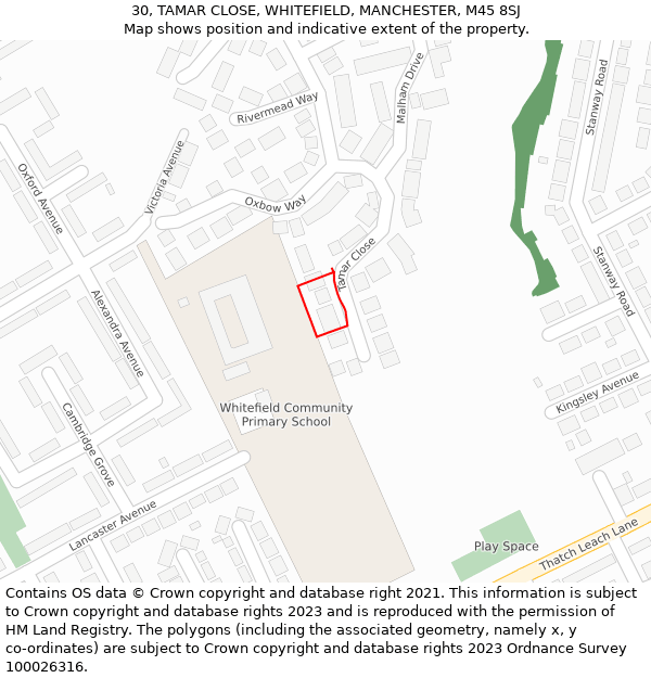 30, TAMAR CLOSE, WHITEFIELD, MANCHESTER, M45 8SJ: Location map and indicative extent of plot