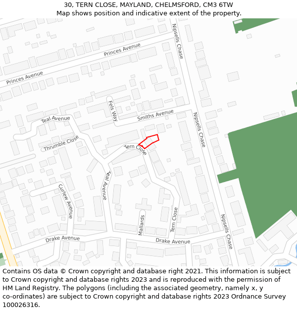 30, TERN CLOSE, MAYLAND, CHELMSFORD, CM3 6TW: Location map and indicative extent of plot