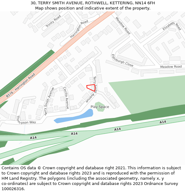 30, TERRY SMITH AVENUE, ROTHWELL, KETTERING, NN14 6FH: Location map and indicative extent of plot