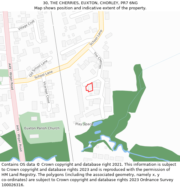 30, THE CHERRIES, EUXTON, CHORLEY, PR7 6NG: Location map and indicative extent of plot