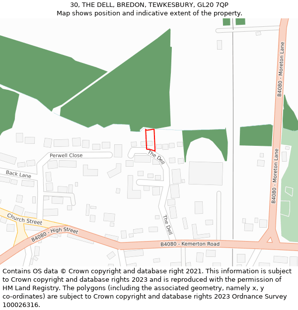 30, THE DELL, BREDON, TEWKESBURY, GL20 7QP: Location map and indicative extent of plot