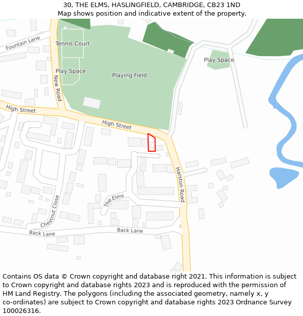 30, THE ELMS, HASLINGFIELD, CAMBRIDGE, CB23 1ND: Location map and indicative extent of plot