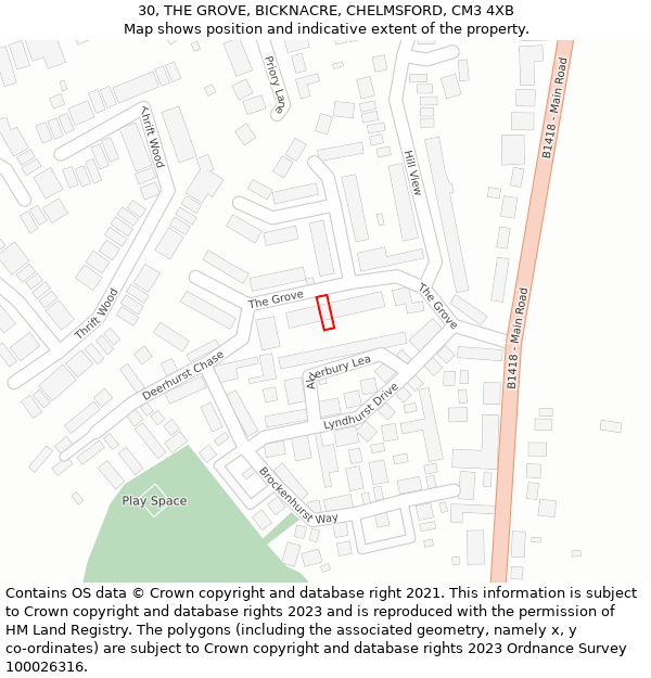 30, THE GROVE, BICKNACRE, CHELMSFORD, CM3 4XB: Location map and indicative extent of plot