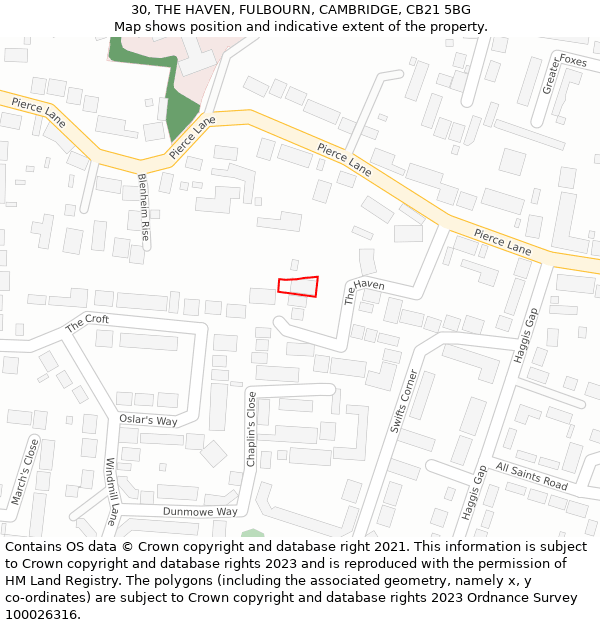 30, THE HAVEN, FULBOURN, CAMBRIDGE, CB21 5BG: Location map and indicative extent of plot