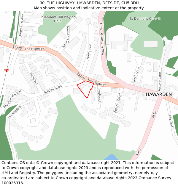 30, THE HIGHWAY, HAWARDEN, DEESIDE, CH5 3DH: Location map and indicative extent of plot