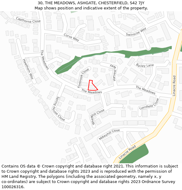 30, THE MEADOWS, ASHGATE, CHESTERFIELD, S42 7JY: Location map and indicative extent of plot