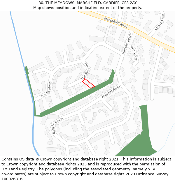 30, THE MEADOWS, MARSHFIELD, CARDIFF, CF3 2AY: Location map and indicative extent of plot