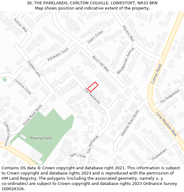 30, THE PARKLANDS, CARLTON COLVILLE, LOWESTOFT, NR33 8RN: Location map and indicative extent of plot