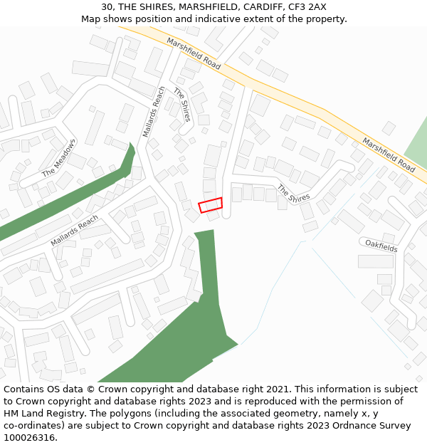 30, THE SHIRES, MARSHFIELD, CARDIFF, CF3 2AX: Location map and indicative extent of plot