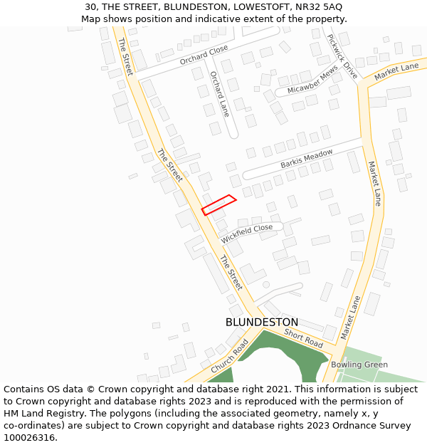 30, THE STREET, BLUNDESTON, LOWESTOFT, NR32 5AQ: Location map and indicative extent of plot