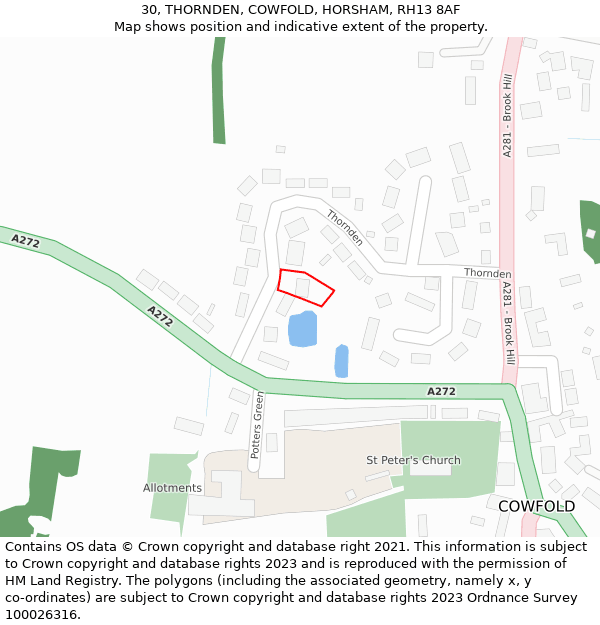 30, THORNDEN, COWFOLD, HORSHAM, RH13 8AF: Location map and indicative extent of plot