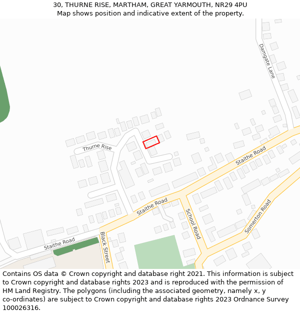 30, THURNE RISE, MARTHAM, GREAT YARMOUTH, NR29 4PU: Location map and indicative extent of plot