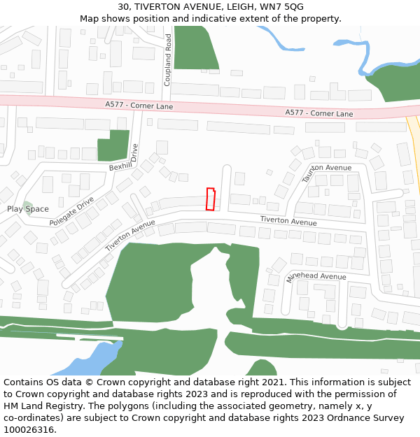 30, TIVERTON AVENUE, LEIGH, WN7 5QG: Location map and indicative extent of plot