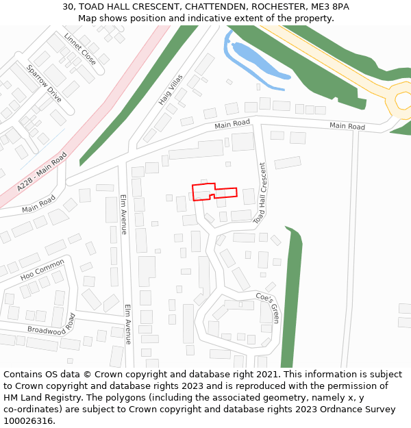 30, TOAD HALL CRESCENT, CHATTENDEN, ROCHESTER, ME3 8PA: Location map and indicative extent of plot