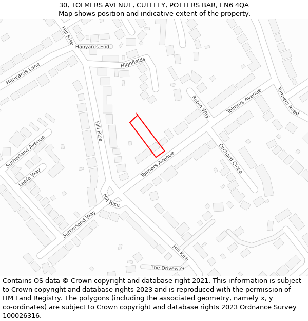 30, TOLMERS AVENUE, CUFFLEY, POTTERS BAR, EN6 4QA: Location map and indicative extent of plot