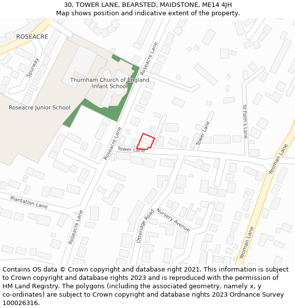 30, TOWER LANE, BEARSTED, MAIDSTONE, ME14 4JH: Location map and indicative extent of plot