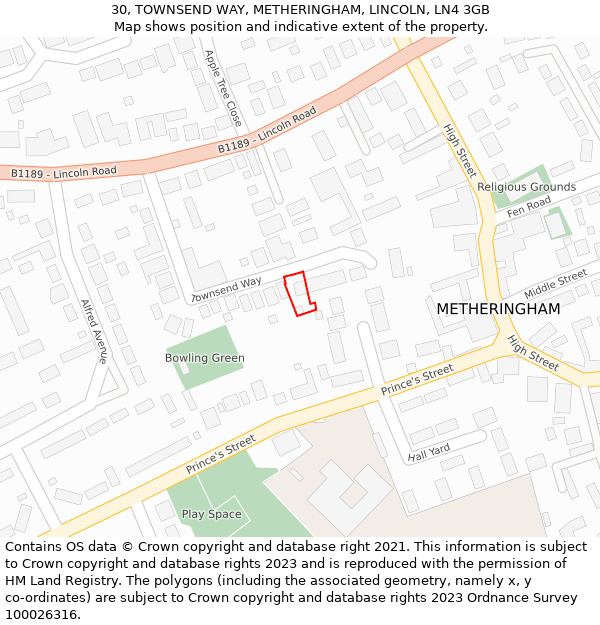 30, TOWNSEND WAY, METHERINGHAM, LINCOLN, LN4 3GB: Location map and indicative extent of plot
