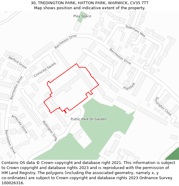 30, TREDINGTON PARK, HATTON PARK, WARWICK, CV35 7TT: Location map and indicative extent of plot