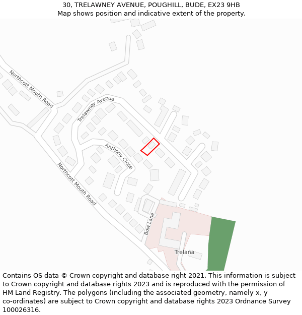 30, TRELAWNEY AVENUE, POUGHILL, BUDE, EX23 9HB: Location map and indicative extent of plot