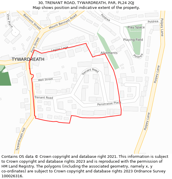 30, TRENANT ROAD, TYWARDREATH, PAR, PL24 2QJ: Location map and indicative extent of plot