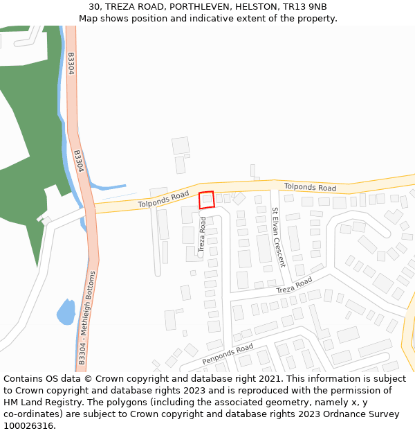 30, TREZA ROAD, PORTHLEVEN, HELSTON, TR13 9NB: Location map and indicative extent of plot