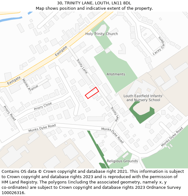 30, TRINITY LANE, LOUTH, LN11 8DL: Location map and indicative extent of plot