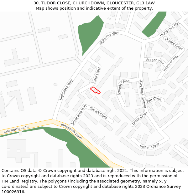 30, TUDOR CLOSE, CHURCHDOWN, GLOUCESTER, GL3 1AW: Location map and indicative extent of plot