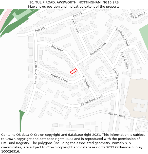 30, TULIP ROAD, AWSWORTH, NOTTINGHAM, NG16 2RS: Location map and indicative extent of plot