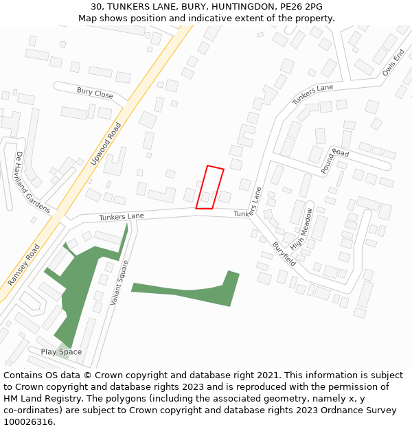 30, TUNKERS LANE, BURY, HUNTINGDON, PE26 2PG: Location map and indicative extent of plot