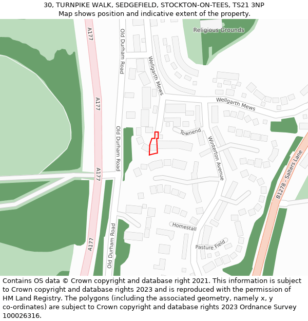 30, TURNPIKE WALK, SEDGEFIELD, STOCKTON-ON-TEES, TS21 3NP: Location map and indicative extent of plot