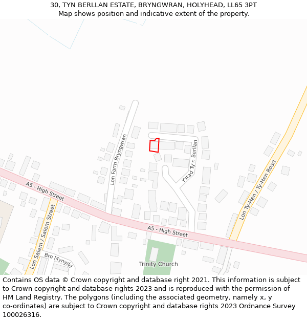 30, TYN BERLLAN ESTATE, BRYNGWRAN, HOLYHEAD, LL65 3PT: Location map and indicative extent of plot