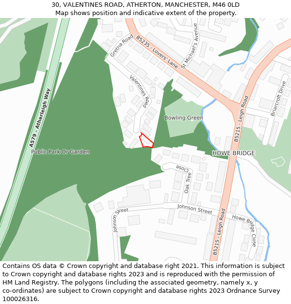 30, VALENTINES ROAD, ATHERTON, MANCHESTER, M46 0LD: Location map and indicative extent of plot