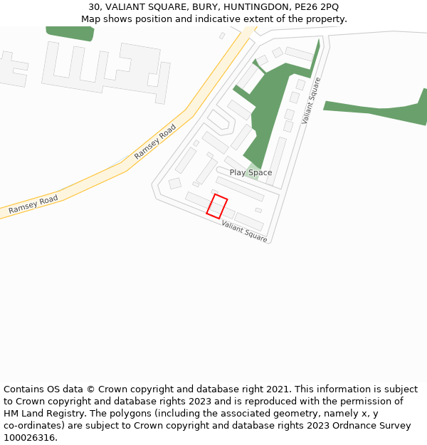 30, VALIANT SQUARE, BURY, HUNTINGDON, PE26 2PQ: Location map and indicative extent of plot