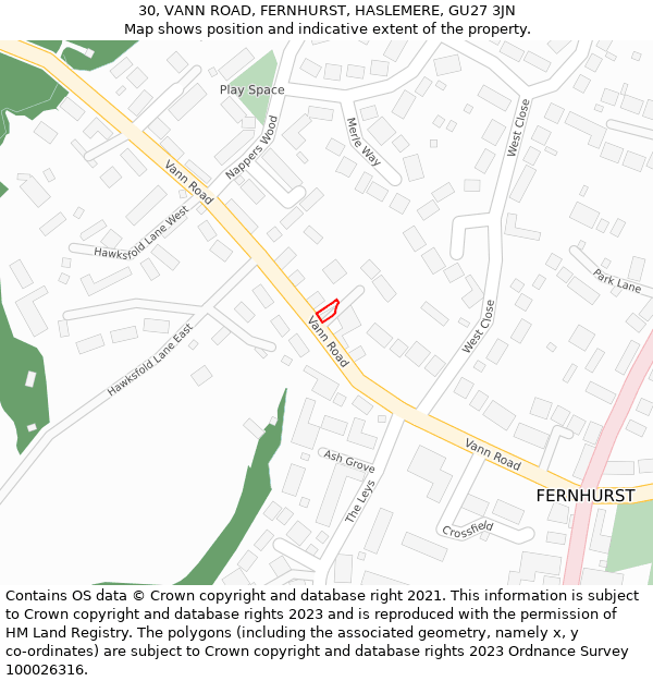 30, VANN ROAD, FERNHURST, HASLEMERE, GU27 3JN: Location map and indicative extent of plot