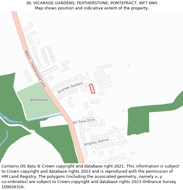 30, VICARAGE GARDENS, FEATHERSTONE, PONTEFRACT, WF7 6NH: Location map and indicative extent of plot