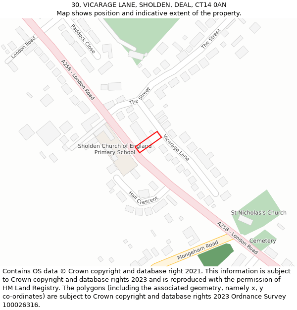 30, VICARAGE LANE, SHOLDEN, DEAL, CT14 0AN: Location map and indicative extent of plot