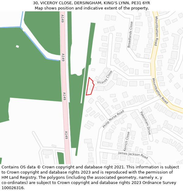 30, VICEROY CLOSE, DERSINGHAM, KING'S LYNN, PE31 6YR: Location map and indicative extent of plot