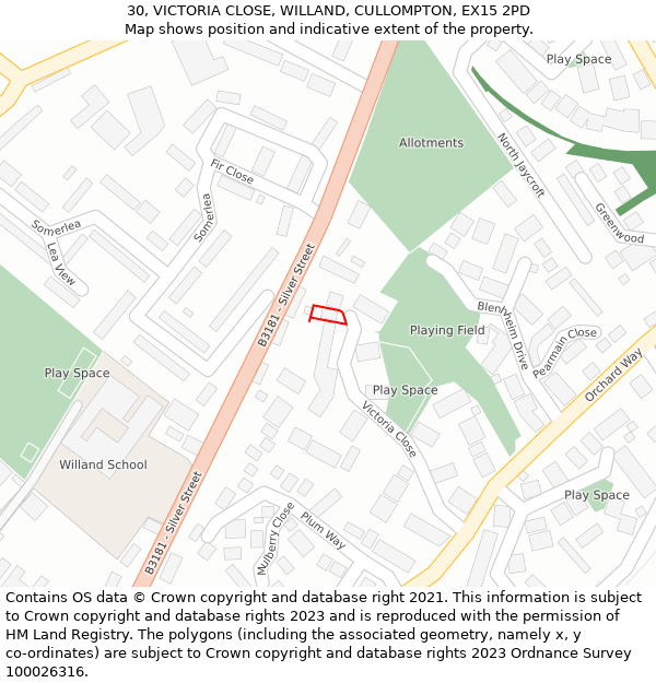 30, VICTORIA CLOSE, WILLAND, CULLOMPTON, EX15 2PD: Location map and indicative extent of plot