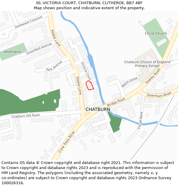 30, VICTORIA COURT, CHATBURN, CLITHEROE, BB7 4BF: Location map and indicative extent of plot