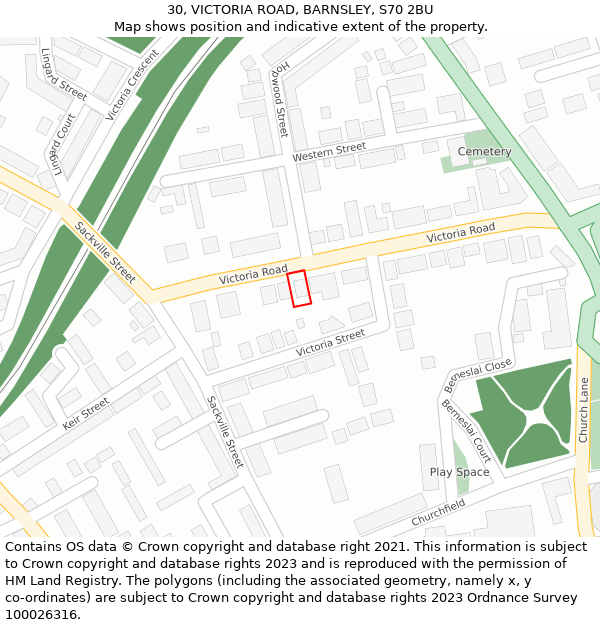 30, VICTORIA ROAD, BARNSLEY, S70 2BU: Location map and indicative extent of plot